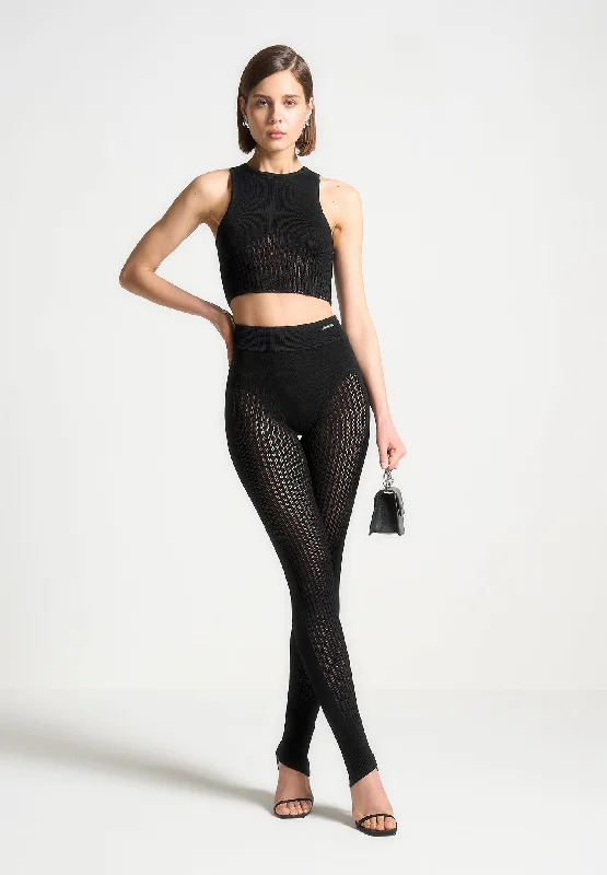 Fashion Design Knitted High Waisted Leggings - Black