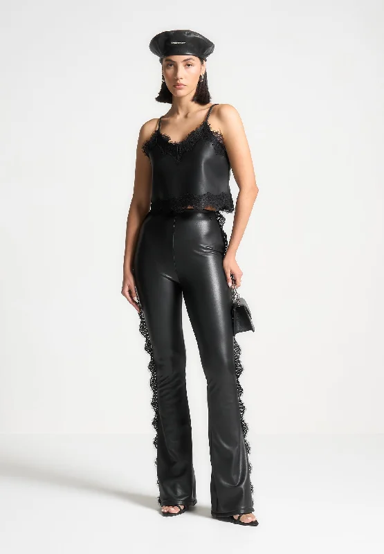 High Street Style Lace Trim Leather Fit and Flare Leggings - Black