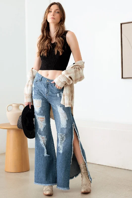 Blue Side Slit Wide Leg Destroyed Jeans