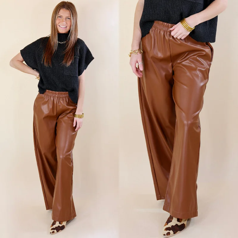 Cozy Vibes Luxe Feeling Wide Leg Faux Leather Pants in Brown