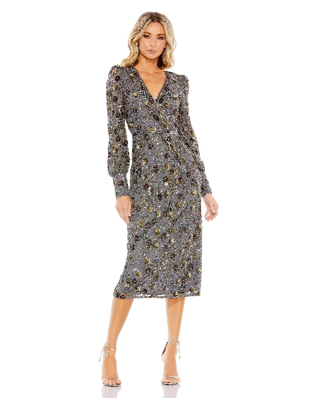 Comfy Chic Mac Duggal 5571 Long Sleeve V Neck Midi Dress