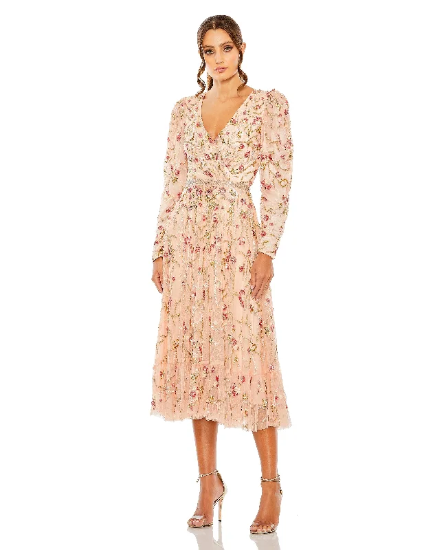 Classic Style Mac Duggal 5580 Floral Embellished Wrap Over Puff Sleeve A Line Gown