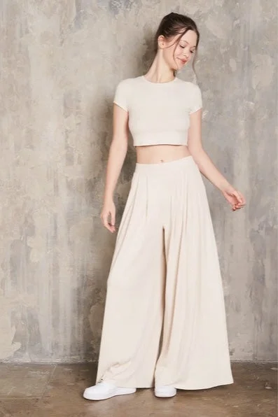 Low-key Luxury Maronie Rib Knit Pleated Wide Leg Pants