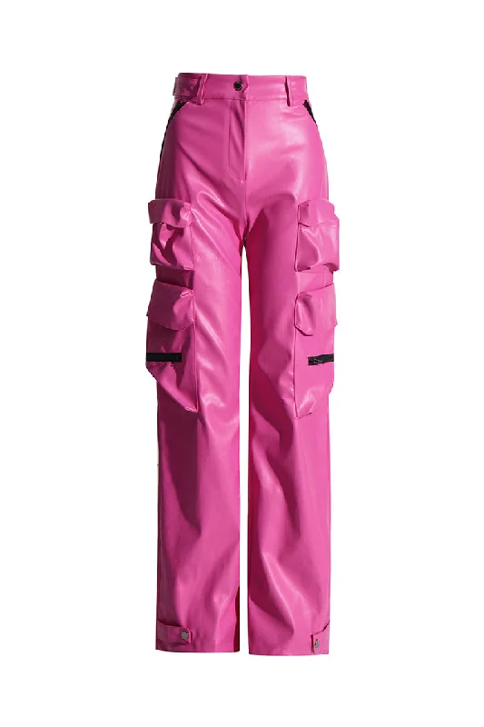 Sports Comfort Style Modern Bicolor Zipper Pocket High Waist Straight Leg Leather Cargo Pants