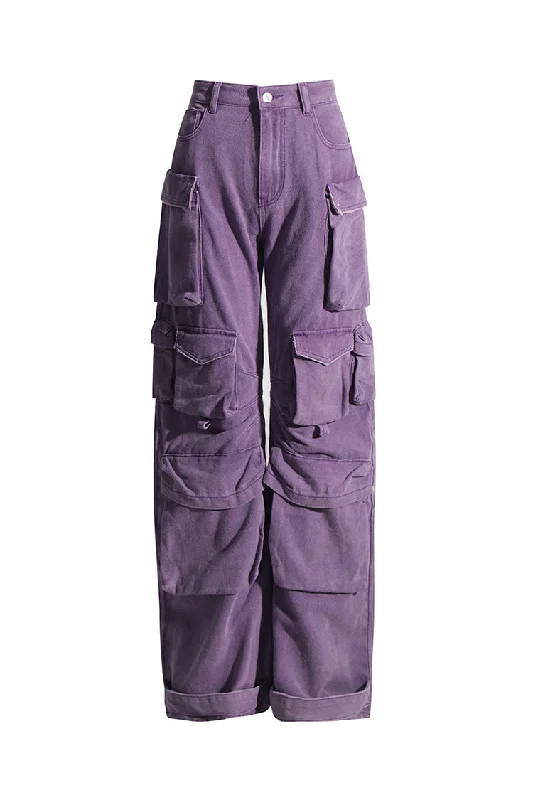 Street Casual Style Offbeat Multi Pocket High Waist Wide Leg Full Length Horseshoe Cargo Jeans