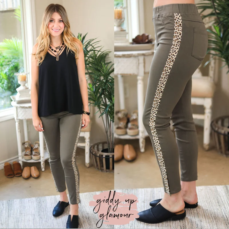 Layered Comfort Subtle Charm Skinny Leg Pants with Leopard Side Stripe in Olive Green