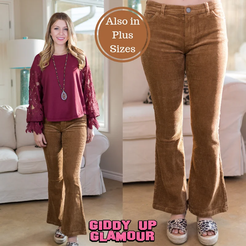 Minimal Comfort Past and Present Corduroy Flare Pants in Tan
