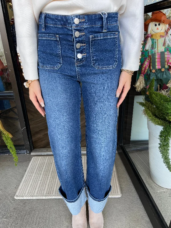 Sports Yoga Style Risen Jeans: High Rise Button Down Cuff Jeans