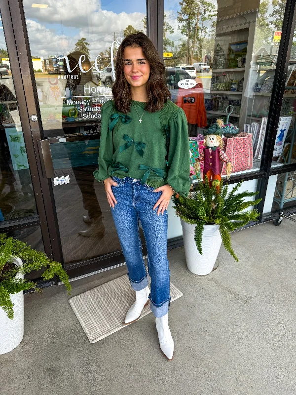 Summer Comfort Satin Bow Detail Top: Hunter Green
