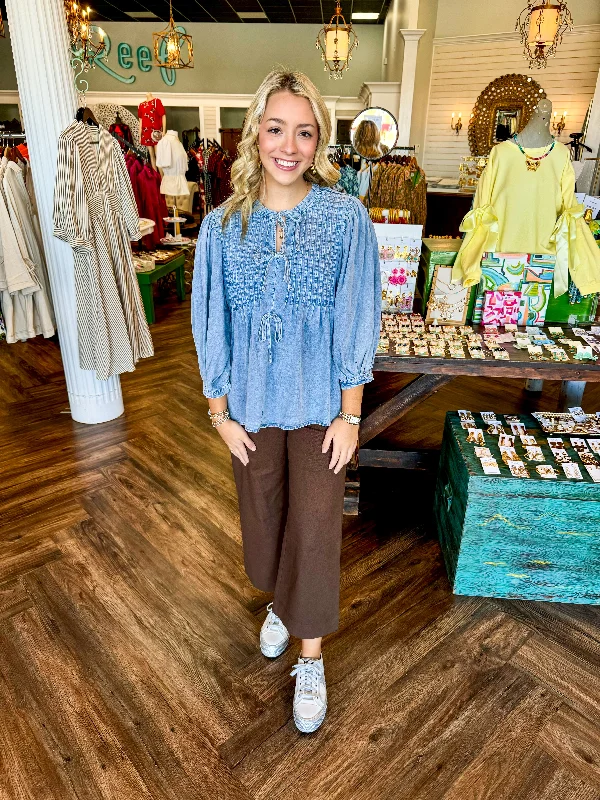 Basic Version Seeing Triple Bow Denim Top