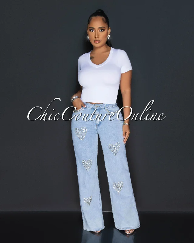 Shaila Light Denim Rhinestones Hearts Wide Legs Jeans