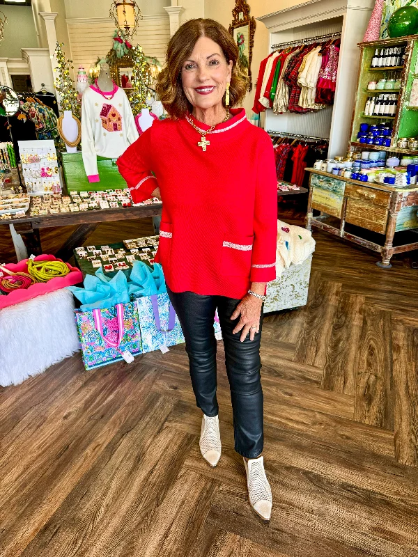 Relaxed Style Shannon Mock Neck Sweater: Red