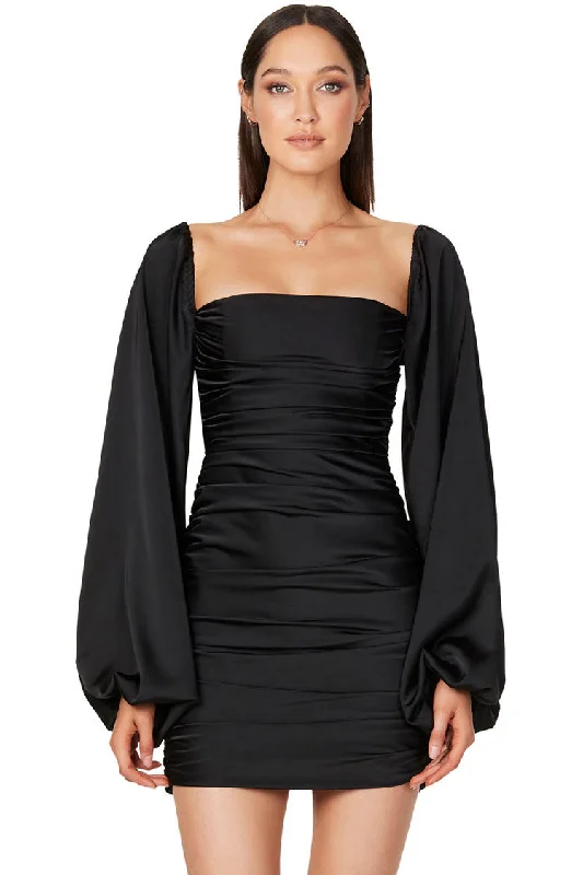 Silky Satin Square Neck Bishop Sleeve Ruched Party Mini Dress - Black