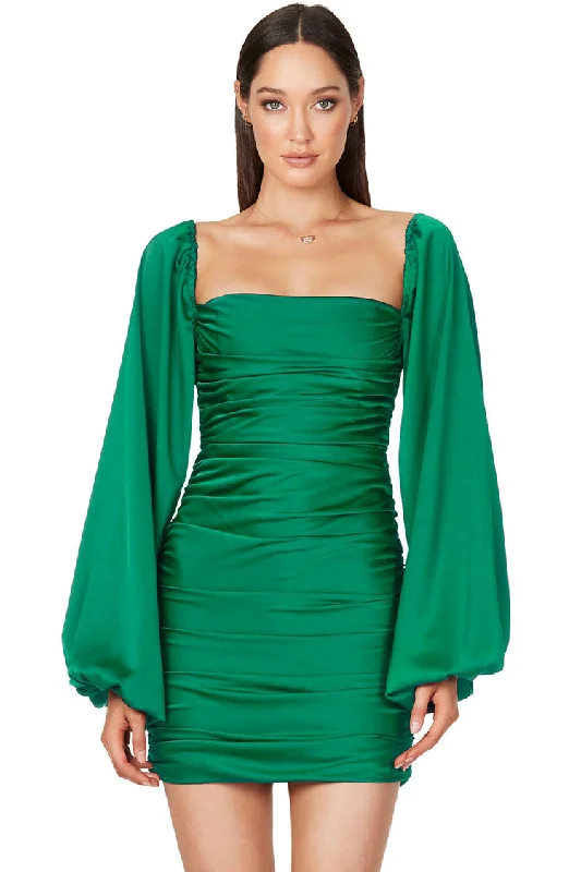 Silky Satin Square Neck Bishop Sleeve Ruched Party Mini Dress - Green