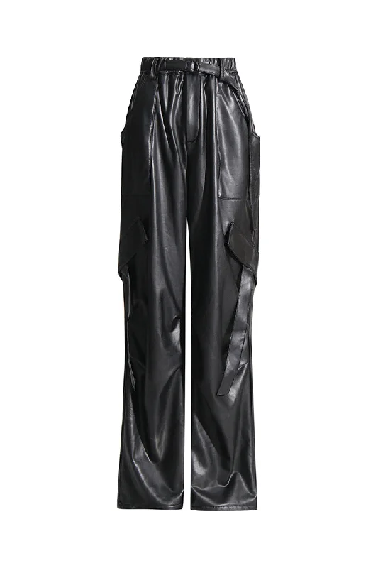 Sports Tights Sleek Draped Belted Low Rise Wide Leg Ruched Vegan Leather Cargo Pants