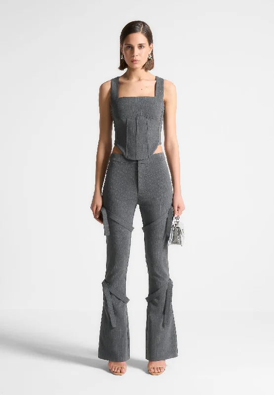 Unique Prints Strap Detail Pinstripe Fit and Flare Leggings - Grey