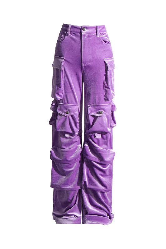Hip-hop Style Street Style Solid Color Cargo Pocket Low Rise Wide Leg Velvet Pants