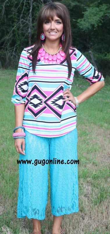 Relaxed Chic Last Chance Size Small | Turquoise Lace Capri Pants | ONLY 1 LEFT!