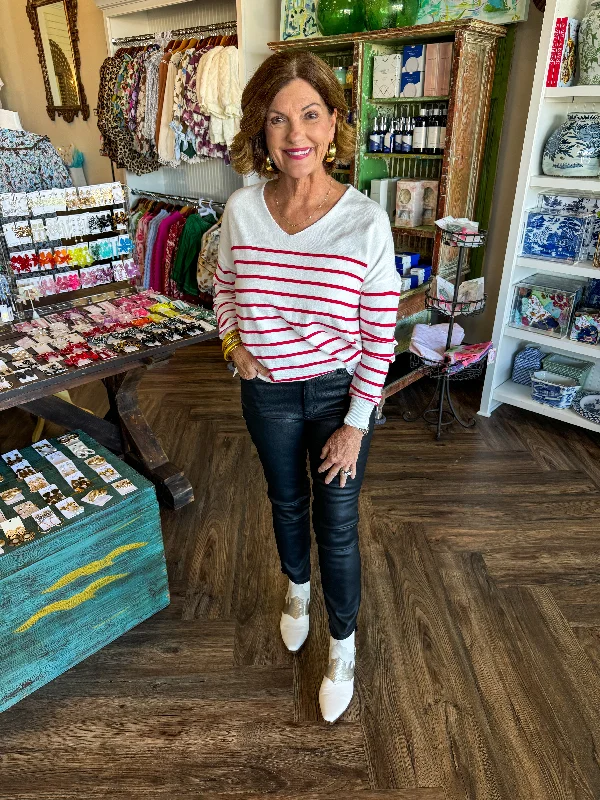 Sports And Leisure V-Neck Soft Stripe Sweater: Red