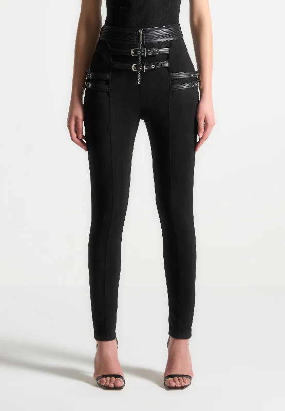 Romantic Data Suede Buckle Detail Leggings - Black