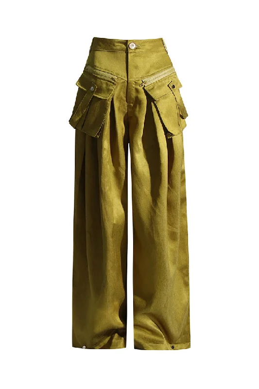 Sports Zipper Style Versatile Ruched Zip Trim Cargo Pocket High Rise Wide Leg Full Length Pants