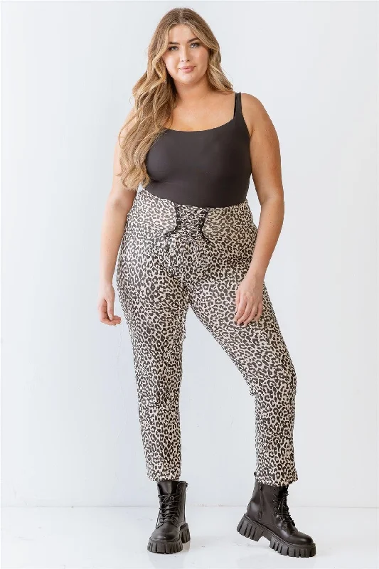 Plus Size Leopard Print Lace-Up Fitted Pants /1-1-1