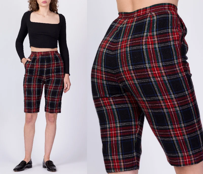 Youthful 70s Red & Black Plaid Long Fitted Shorts - Extra Small, 24"