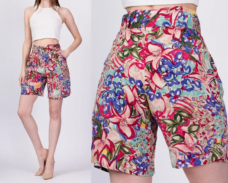 Simple Style 80s Floral Belted Shorts - Small, 26"