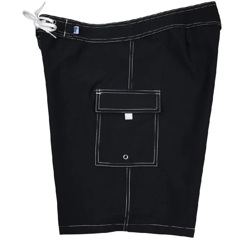 ""A Solid Color" BEST SELLING Women's Board Shorts - Regular Rise / 10.5" Inseam (Black+White Stitching)