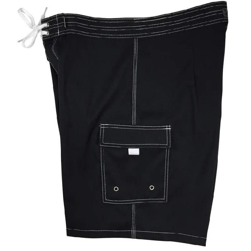 "A Solid Color" Mens Board Shorts - 19.5" Outseam / 7" Inseam (Black+White Stitching)