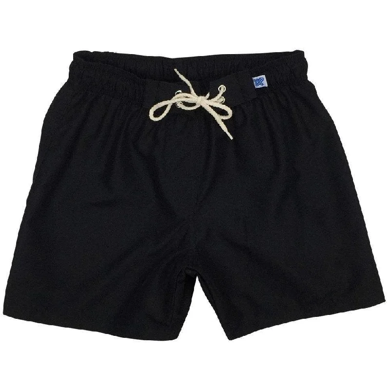 " A Solid Color" Womens Elastic Waist Board (Swim) Shorts. HIGH Waist/Rise + 5" Inseam (Black+Black stitch)