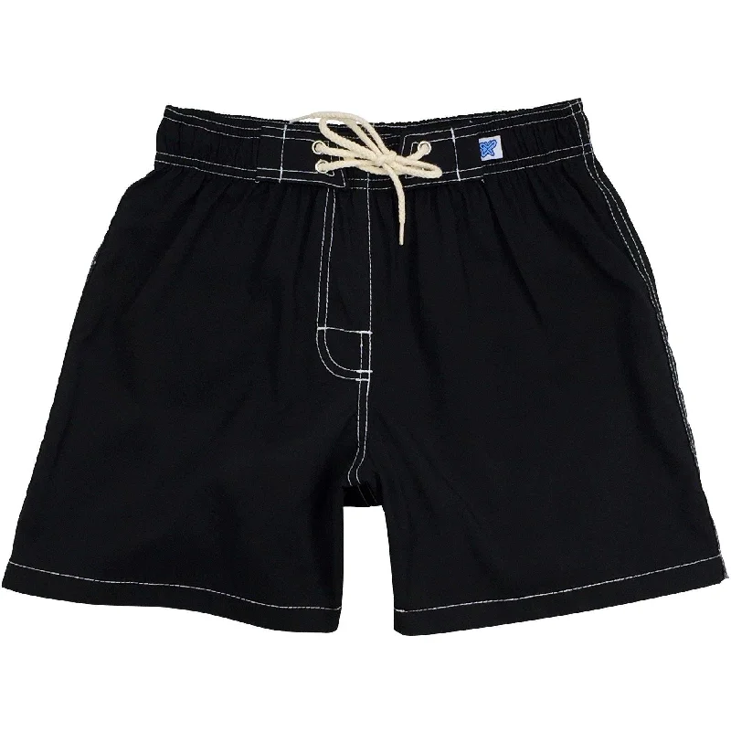 " A Solid Color" Womens Elastic Waist Board (Swim) Shorts. REGULAR Rise + 5" Inseam (Black+White stitch)