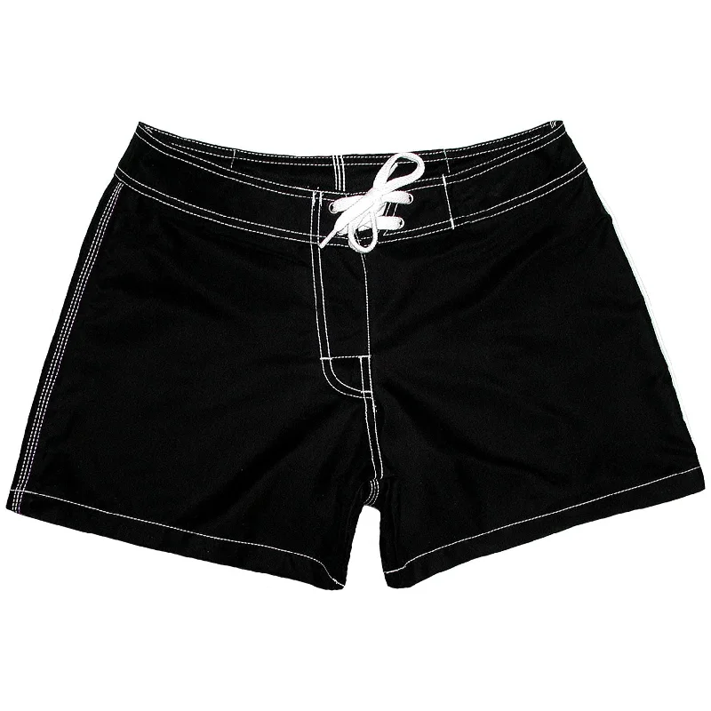 "A Solid Color" BEST SELLING Women's (Swim) Board Shorts - Regular Rise / 5" Inseam (Black+White Stitching)