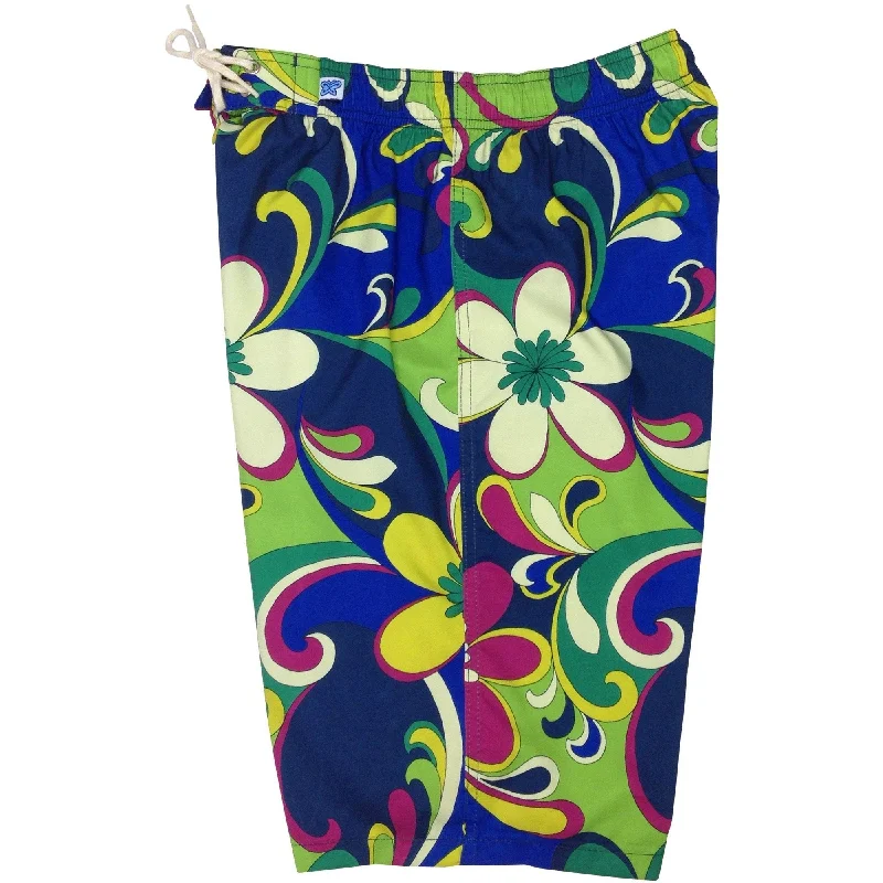 Feminine Charm "Art Fest" Womens Elastic Waist Swim Board Shorts.  HIGH Rise + 11" Inseam