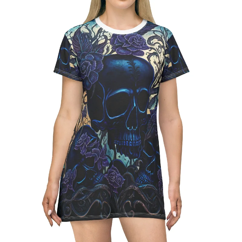 Romantic Data Blue Skull & Flowers Short Sleeve T-Shirt Dress