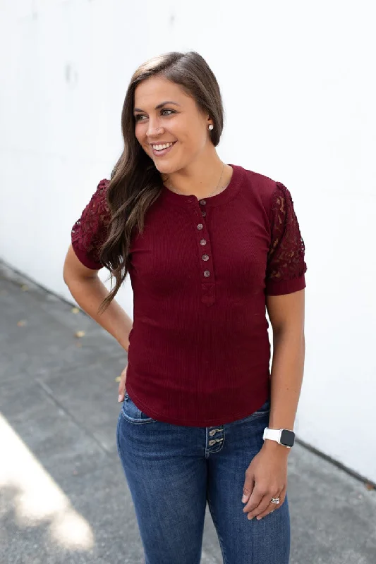 Burgundy Henley Lace SS Top (SM-3X)