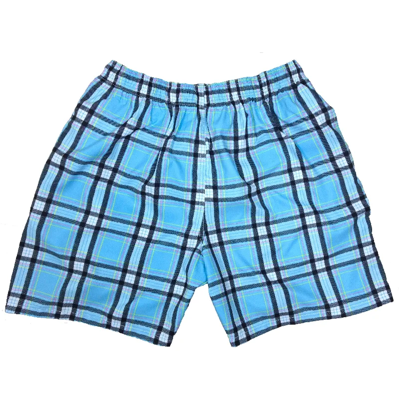 Party Wear "Casual Friday" Plaid Mens (6.5" Inseam / 19" Outseam) Swim Trunks (Blue)