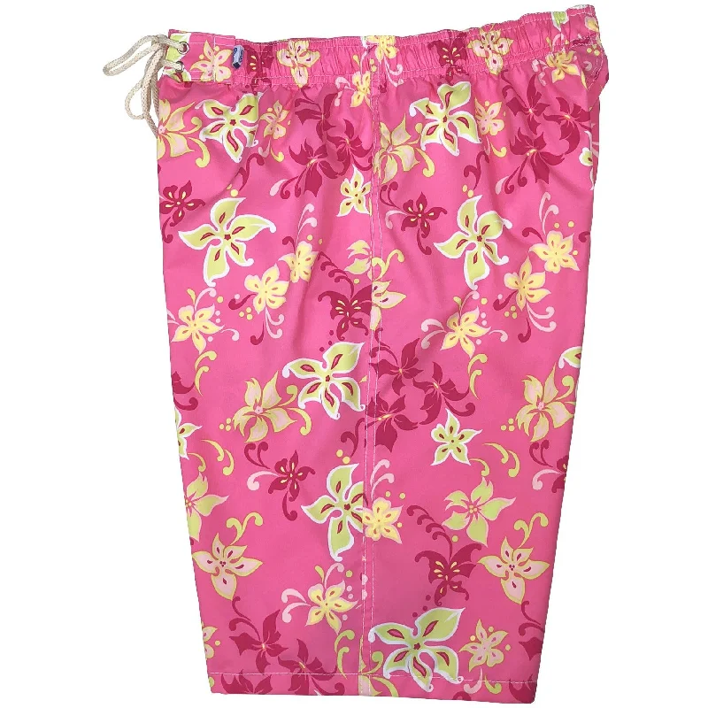 "Chick Flick" Womens Elastic Waist Swim Board Shorts. HIGH Rise + 11" Inseam (Pink)