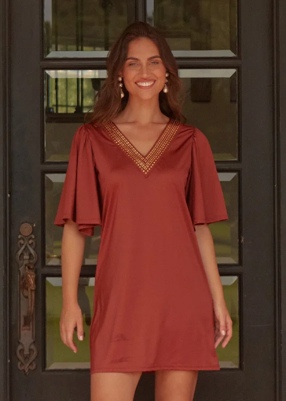 Knitted Design Copper Flutter Sleeve Shift Dress