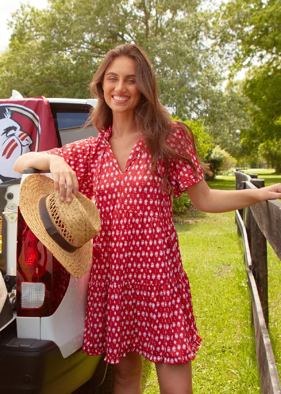 Party Wear Crimson Game Day Short Sleeve Tiered Dress