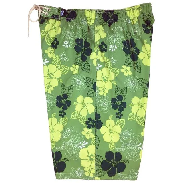 Unique Design "Dew Drops" (Green) Elastic Waist Board Shorts. Regular Rise or High Waist.  Women's CUSTOM