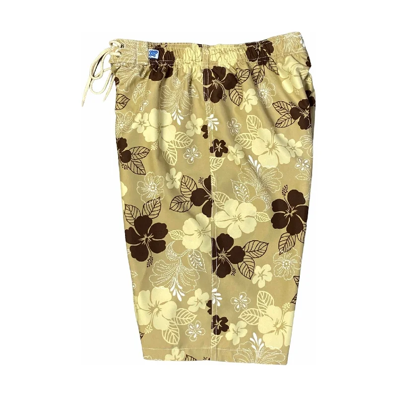 Casual Street "Dew Drops" (Tan) Elastic Waist Board Shorts. Regular Rise or High Waist.  Women's CUSTOM