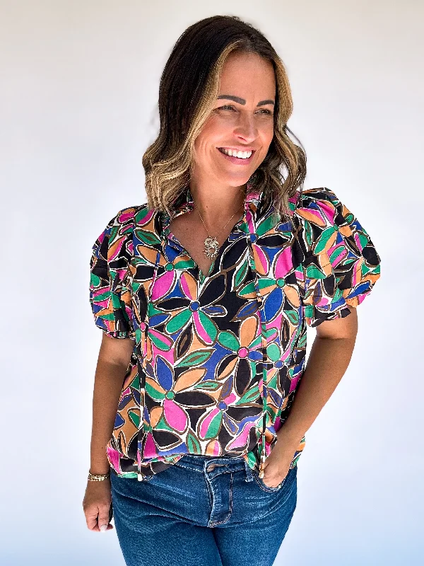 Multi-functional style Black Multi Floral Top