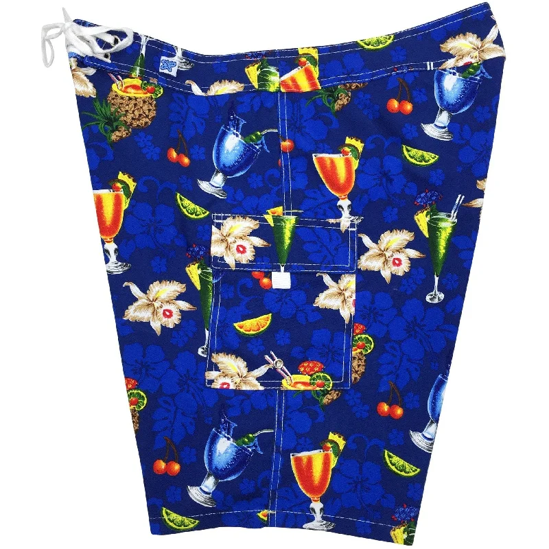 "Hurry Sundown" Cocktails Print Womens Board Shorts - Regular Rise / 10.5" Inseam (Blue)