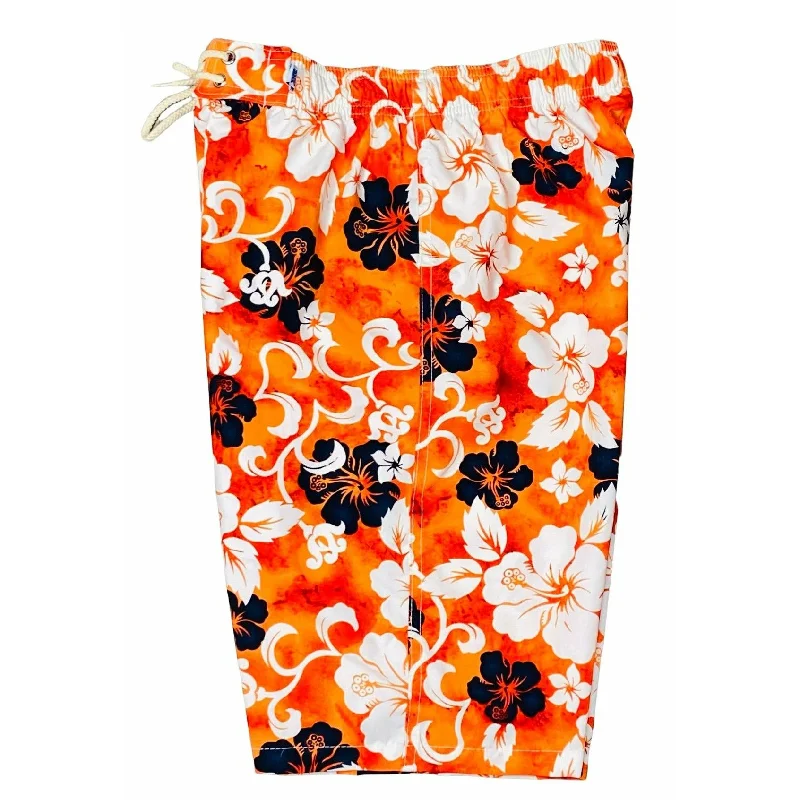 "Jungle Boogie" Womens Elastic Waist Swim Board Shorts. REGULAR Rise + 11" Inseam (Orange)