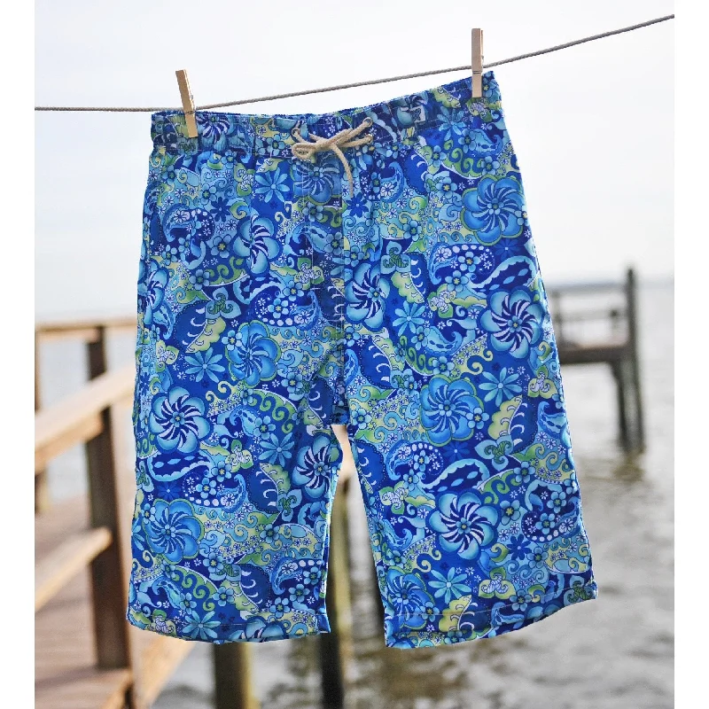 "Lucy in the Sky" Womens Elastic Waist Swim Board Shorts. REGULAR Rise + 11" Inseam (Blue)