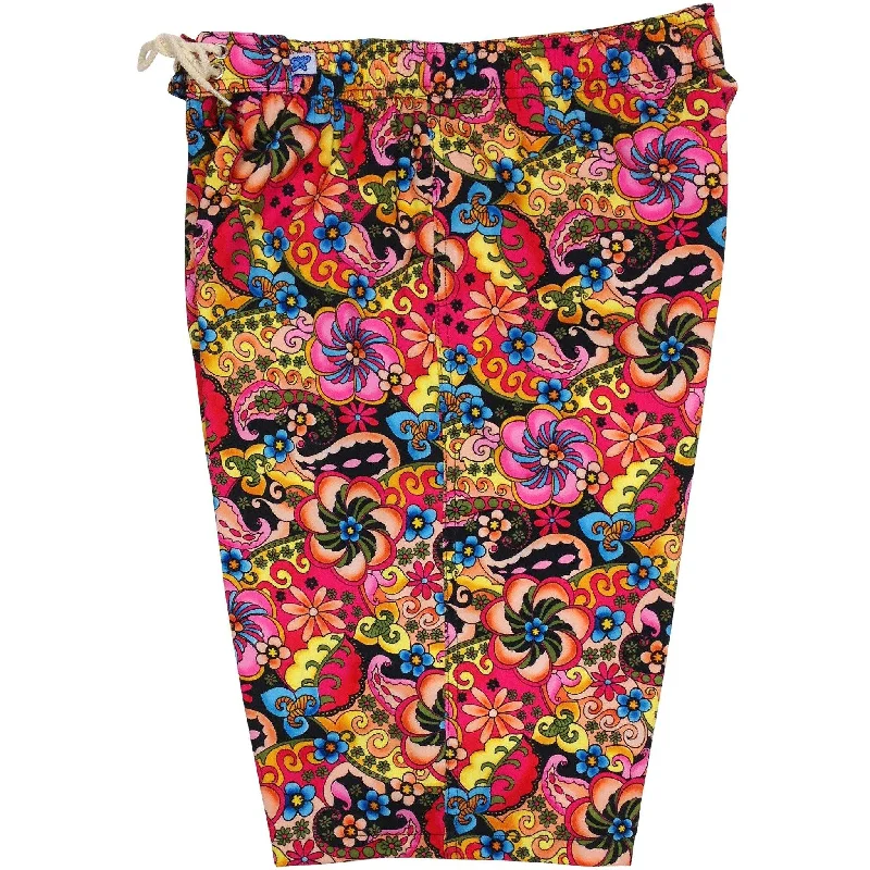 Cute Style "Lucy in the Sky" Womens Elastic Waist Swim Board Shorts. REGULAR Rise + 11" Inseam (Black)