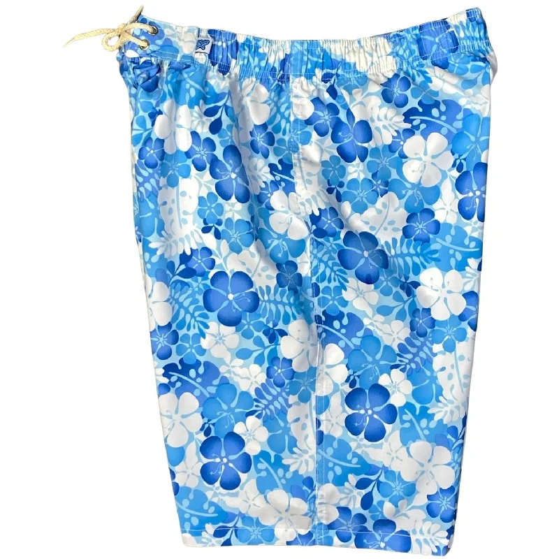 "Me Time" Womens Elastic Waist Swim Board Shorts. REGULAR Rise + 11" Inseam (Blue)