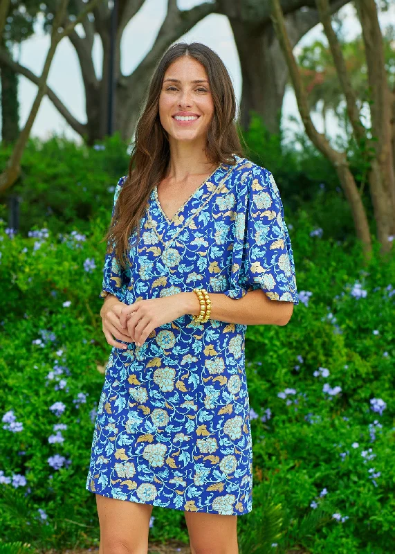 Advanced Customization Navy Floral Metallic Embroidered Flutter Sleeve Shift Dress