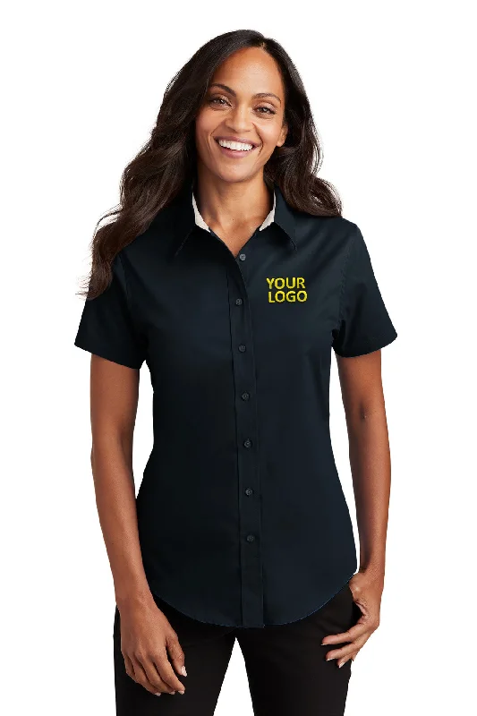 Youthful Port Authority Ladies Short Sleeve Easy Care Custom Shirts, Classic Navy/Light Stone